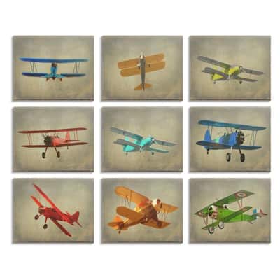 Stupell Colorful Planes At Flight Distressed Vintage Aircraft 9 Piece Canvas Wall Art Set Design By Ashley Calhoun