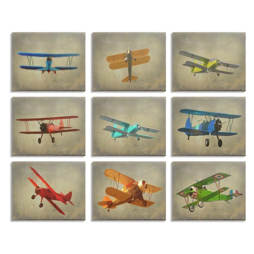 Stupell Colorful Planes At Flight Distressed Vintage Aircraft 9 Piece Canvas Wall Art Set Design By Ashley Calhoun