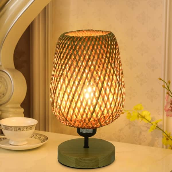 European Style Rubber Wood Table Lamp Bamboo Woven Hotel Bedside Table