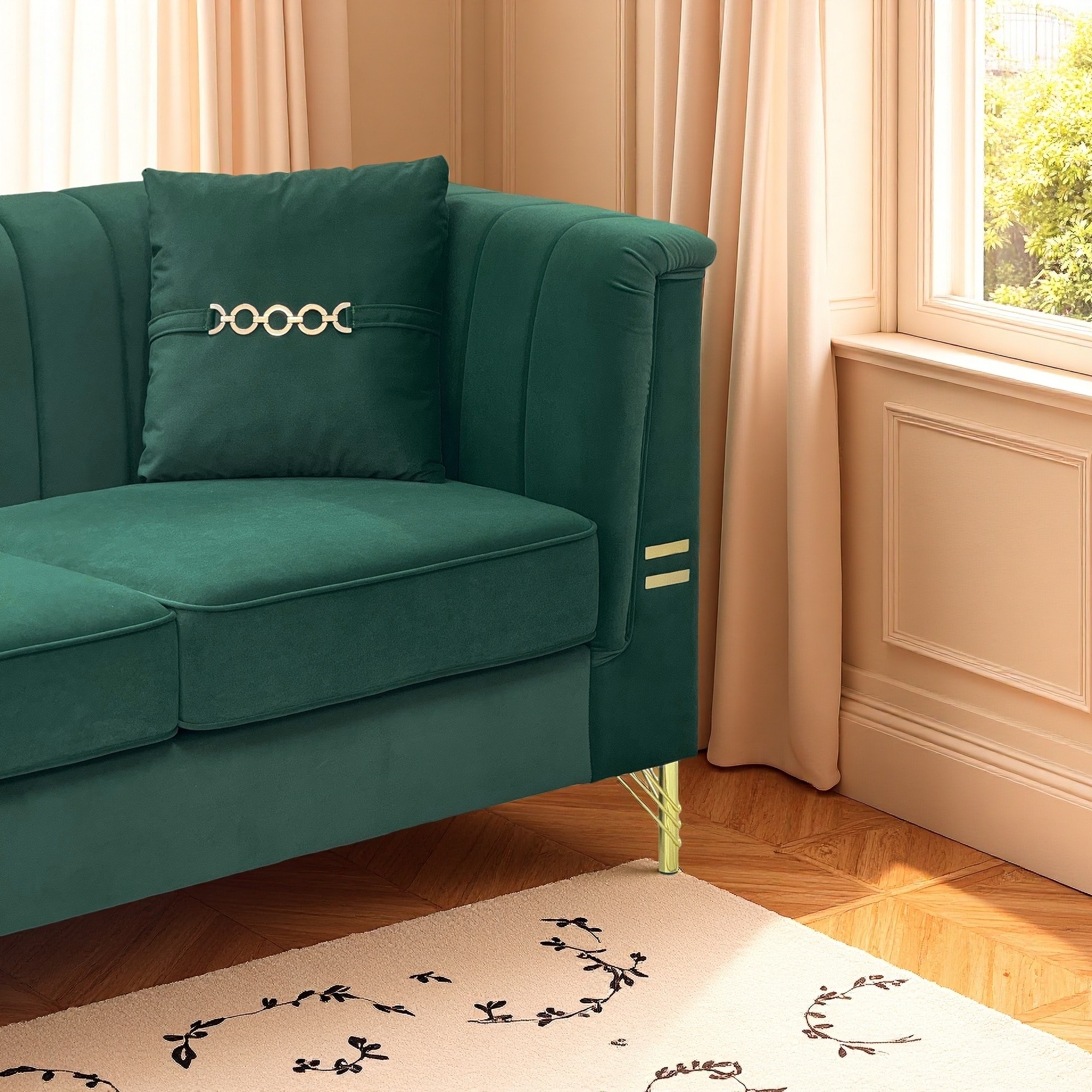 82.67" Modern Velvet 3-Seater Sofa with Vertical Channel Tufted Backrest and Gold Metal Legs and 2 Pillows for Living Room