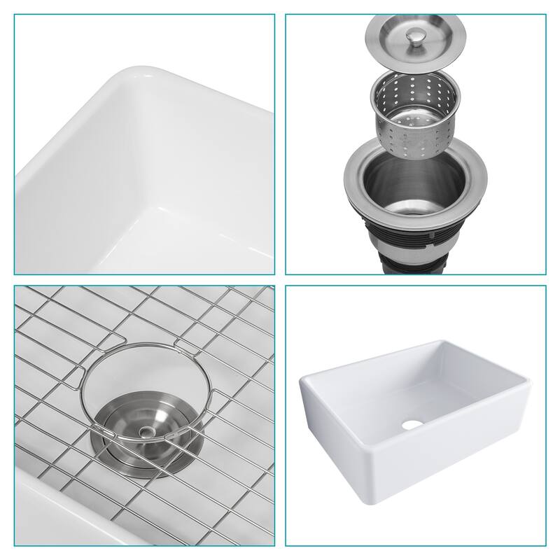 28 Inch Kitchen Sink Ceramic Single Bowl with Drain Assembly and Bottom grid