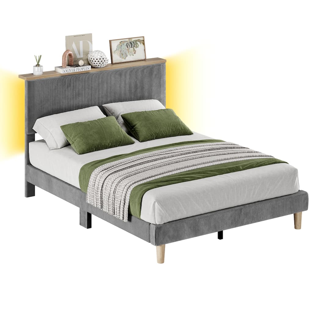 Bestier Bed Frame Velvet Upholstered Platform Bed Frame with Storage Headboard and LED Lights