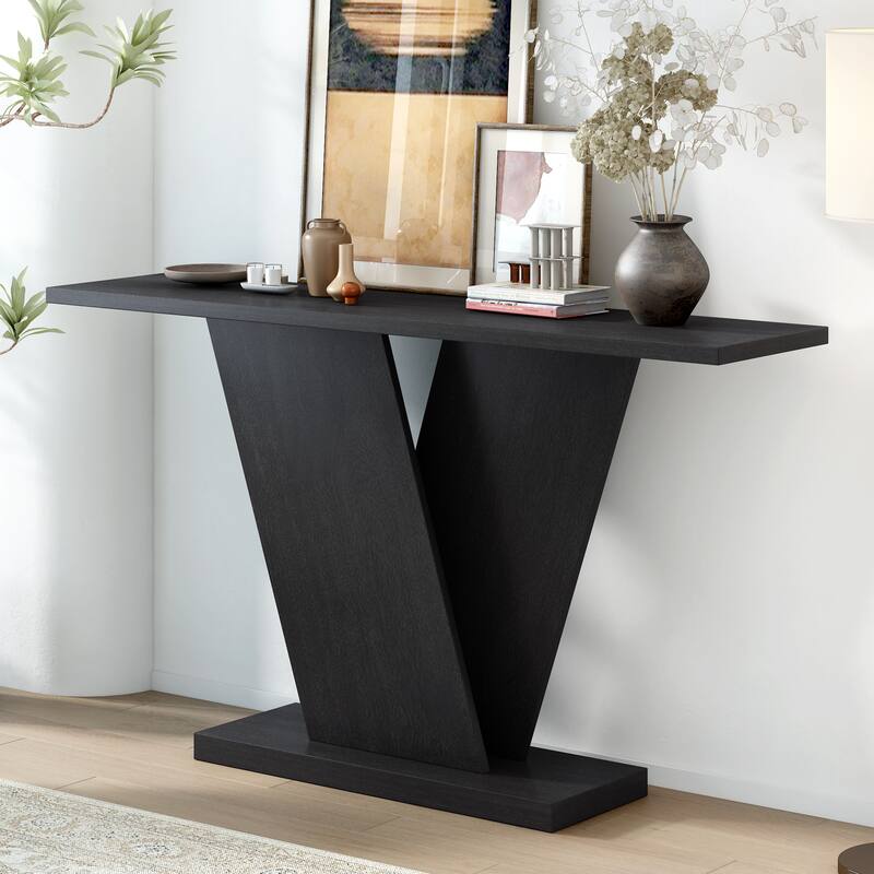 Christopher Knight Home - Mirod Elegant Console Table with Natural Wood Veneer and Sturdy V-Base Design - Black