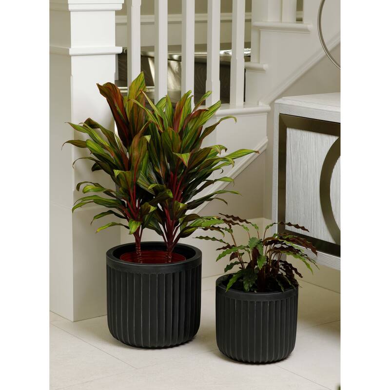 Indoor/Outdoor Large 1-Piece Minimalist Fiberstone Lightweight Short Round Planter Pot With Grooves - 16, 13, 11 in Matte Finish