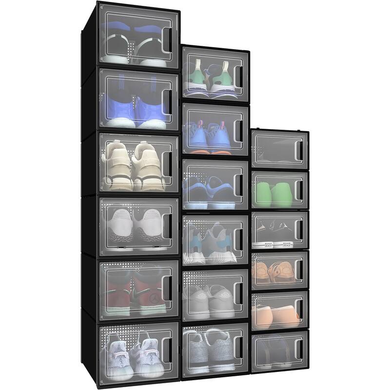 6/12/18 Pack Shoe Storage Box Plastic Stackable Shoe Organizer for Closet Foldable Sneaker Containers Bins Holders Racks