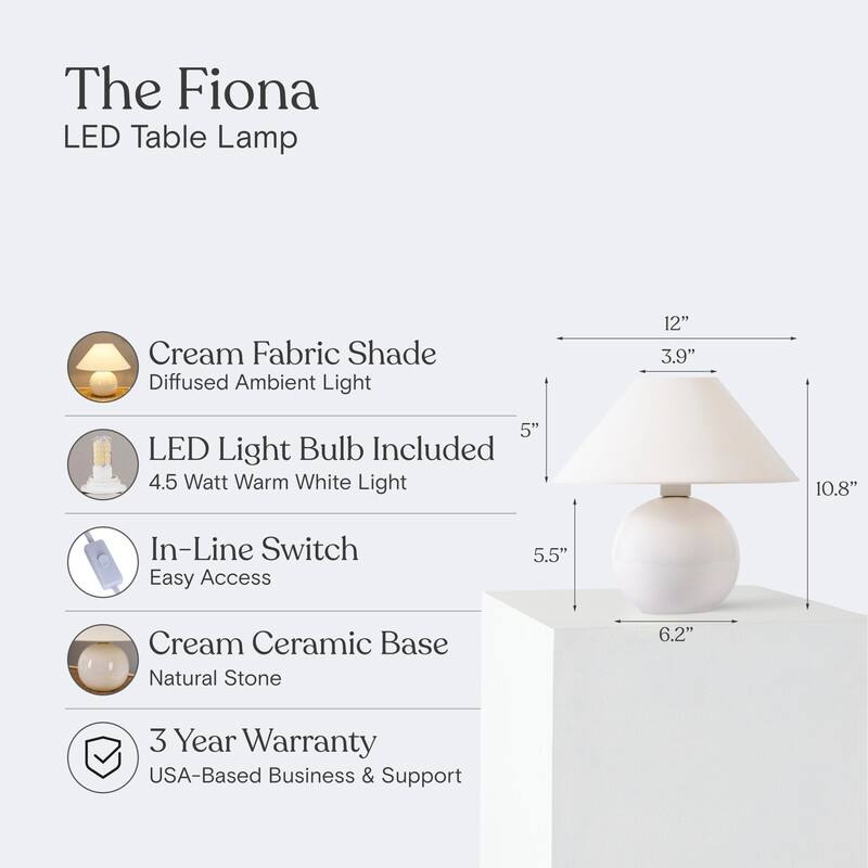 Brightech Fiona LED Off-White Cream Ceramic Midcentury Round Globe Bedside Nightstand Desk Lamp with Cream Cotton Empire Shade
