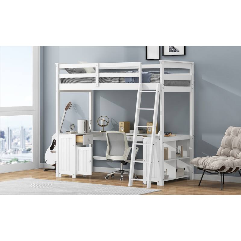 Roomfitters Twin/Full Loft Bed with U-Shaped Desk, Open Shelves and Compact Storage System