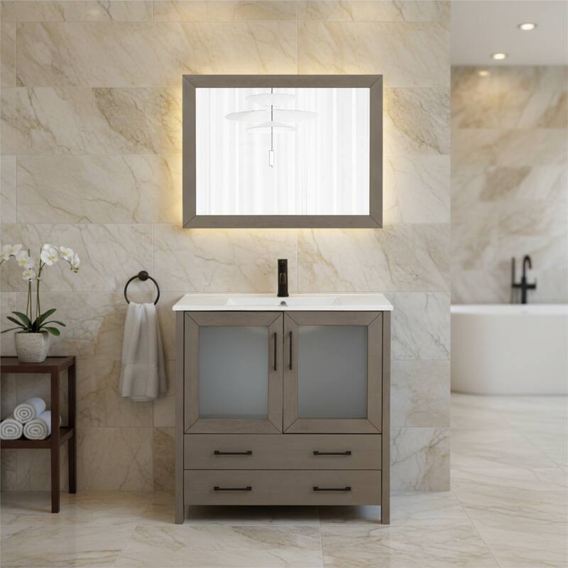 Vanity Art 36-Inch Single Sink Bathroom Vanity Set Dove-Tailed Drawers, 1 Cabinets, 1 Shelf, Soft-Closing Doors with Free Mirror - Driftwood Gray