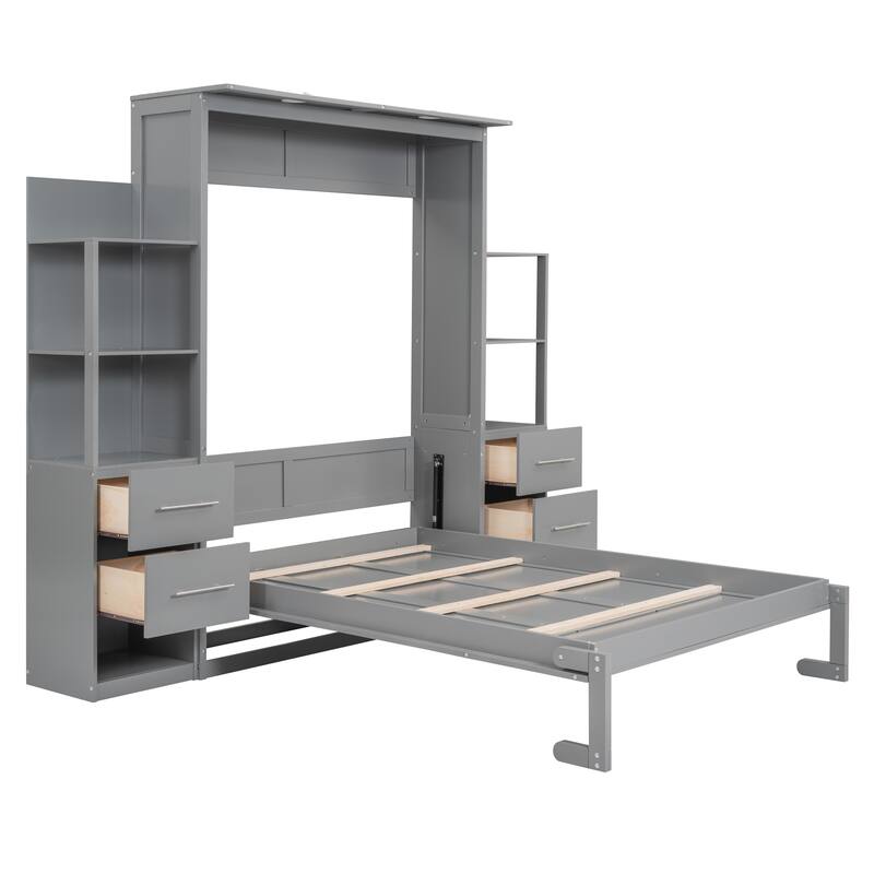 Murphy Bed Foldable Bed with Two 4-Layer Shelves Space Optimizing Wall Bed with 4 Drawers and LED Lights for Bedroom Apartment