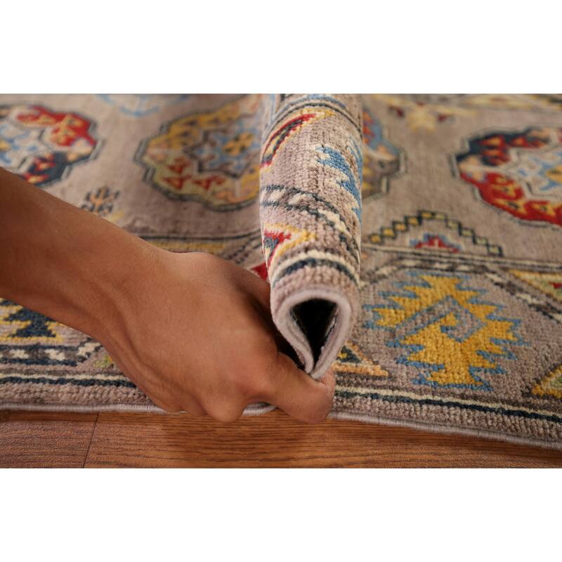Geometric Brown Kazak Oriental Runner Rug Hand-Knotted Wool Carpet - 1'11" x 5'11"