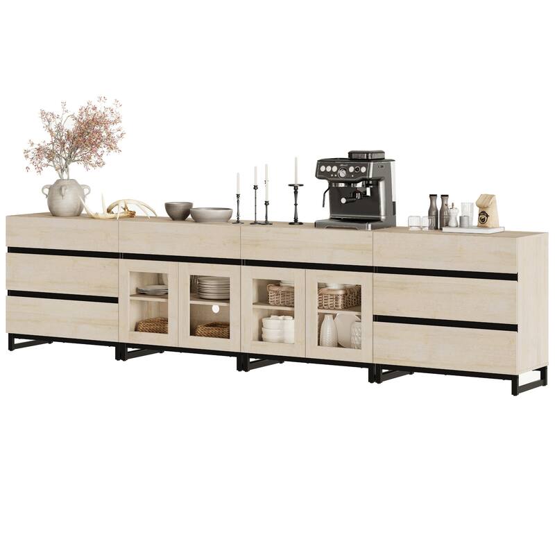 4 in 1 Sideboard with 8 Glass Doors & Drawers, Adjustable Shelf, Metal Base. Coffee Bar Storage for Living Room, Kitchen