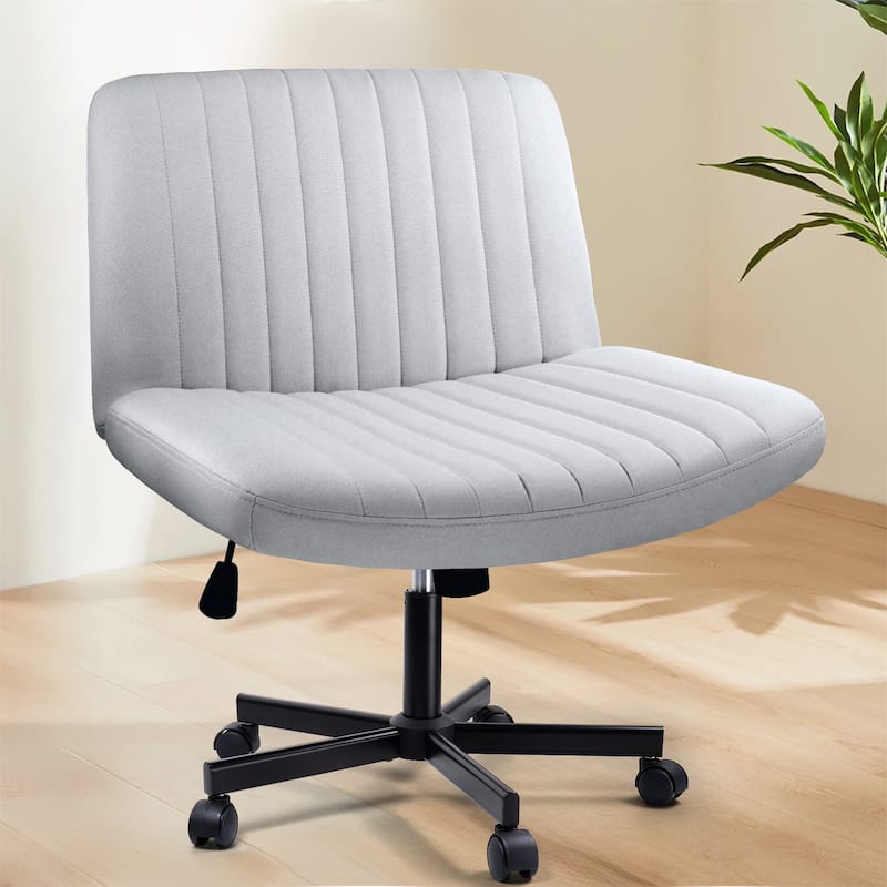 Bossin Criss Cross Chair Armless Office Desk Chair with Wheels,Fabric Padded Cross Legged Chair, Swivel Wide Seat Vanity Chair - Grey