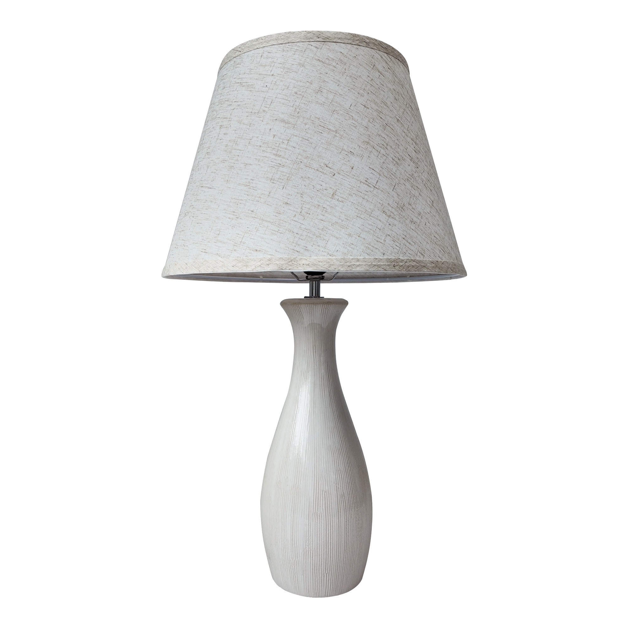 Ribbed White Ceramic Bedside Table Lamp, 24.41in Plug In Lamp with Linen Shade, E26 Base End Table Lamp for Living Room