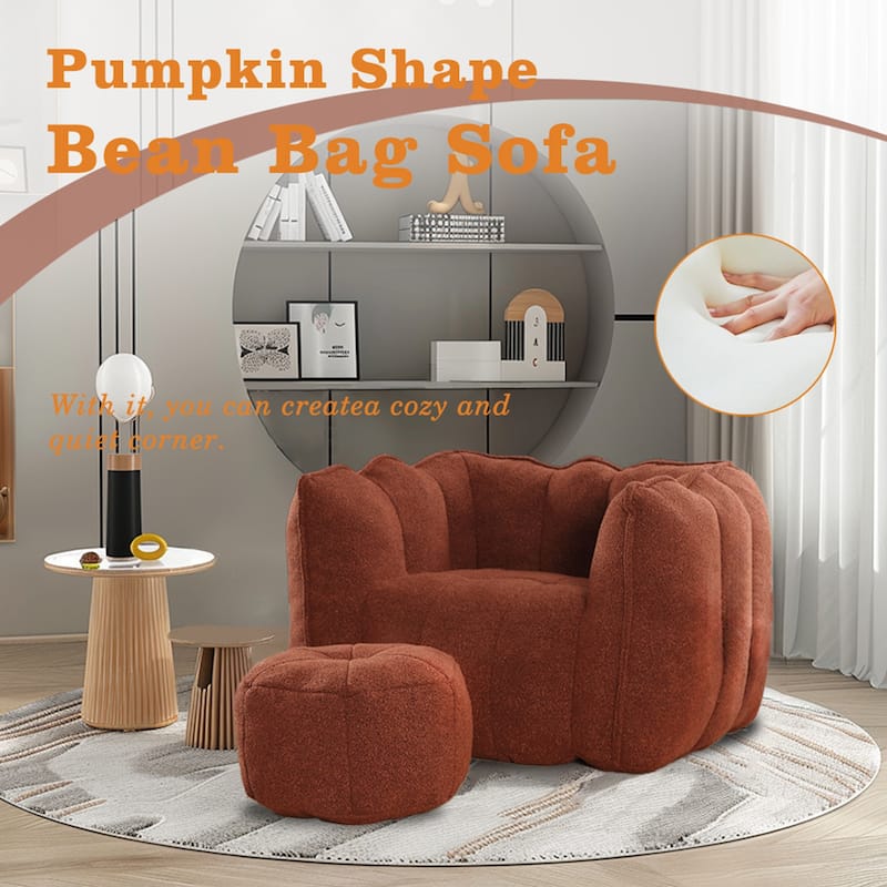 Soft Bean Bag Lazy Sofa with Footstool for Living Room and Bedroom - Red