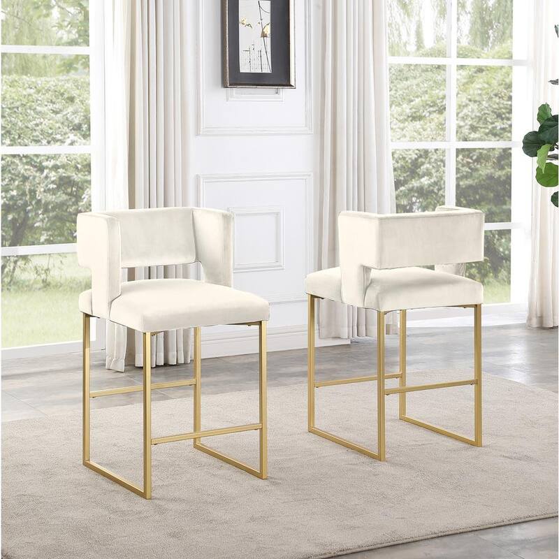 27 Inch Counter Stool Set of 2 with Soft Padded Cream Velvet Upholstery, Gold Metal Legs, Kitchen Side Stool - Cream,Gold