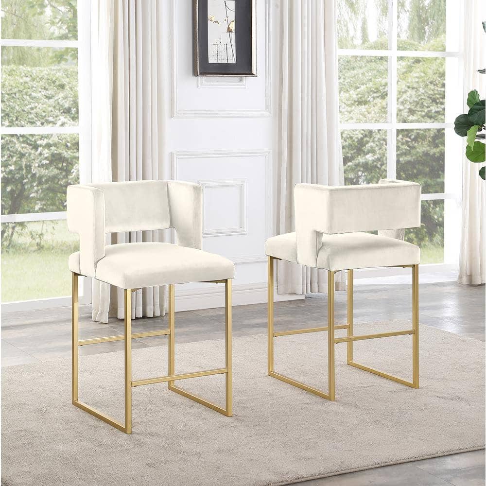 27 Inch Counter Stool Set of 2 with Soft Padded Cream Velvet Upholstery, Gold Metal Legs, Kitchen Side Stool