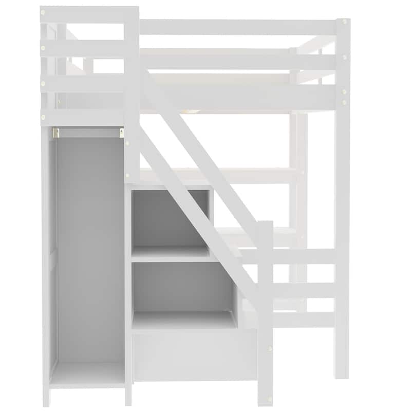 3-Tier Shelves Loft Bed White Wood Bed Frame with Storage Staircase and Safety Guardrail, Bright LED Lights Underneath