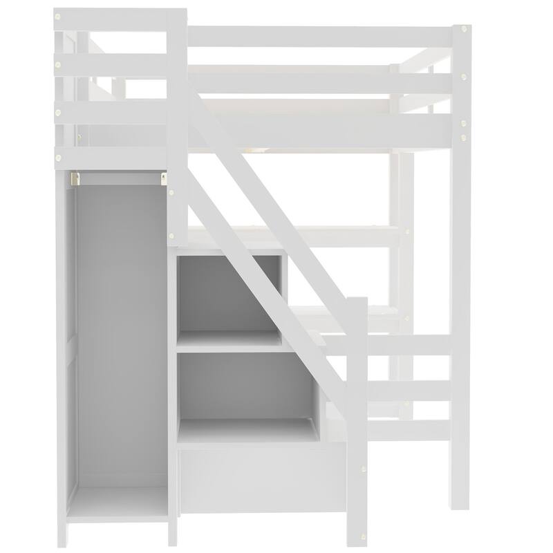 Twin/Full Size LED Loft Bed with Storage Staircase and Wardrobe, Solid Pine Wood High Loftbed Frame with 4 Layer Storage Shelves