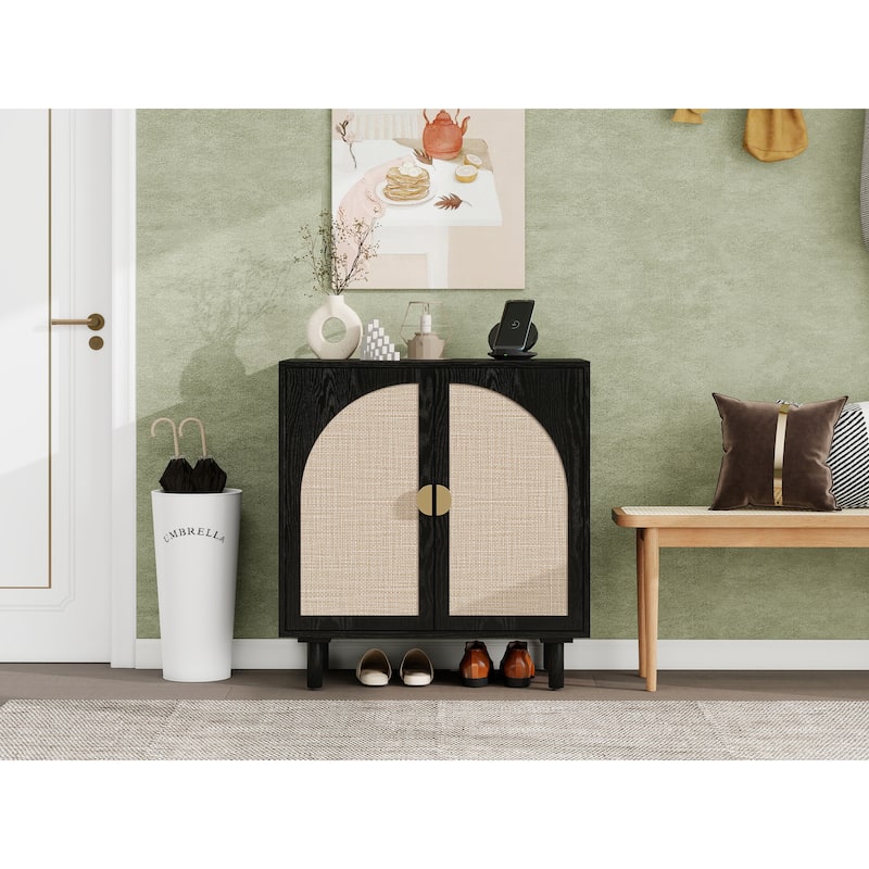 Roomfitters Modern 2 Door Accent Cabinet with Rattan Doors, Storage Sideboard for Living Room, Bedroom, Study, Black