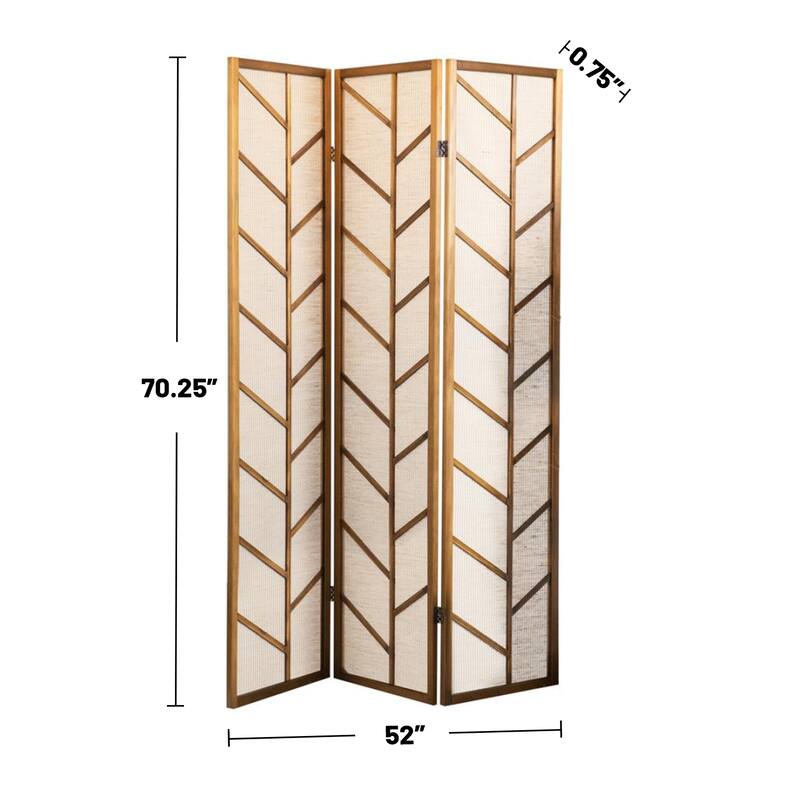 3 Panel Foldable Linen Screen in Walnut Finish