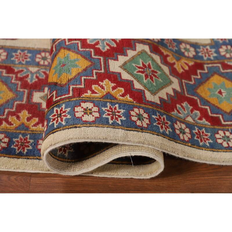Ivory Geometric Kazak Area Rug Hand-Knotted Wool Carpet - 8'0" x 10'6"