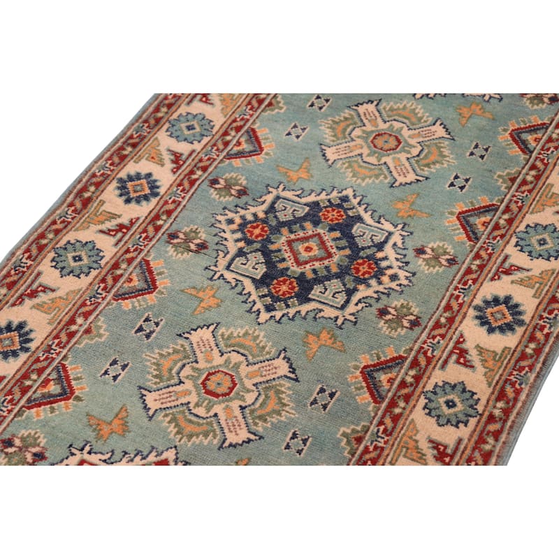 Bohemian Kazak Carla Green/Beige Wool Runner - 2'8'' x 9'5''