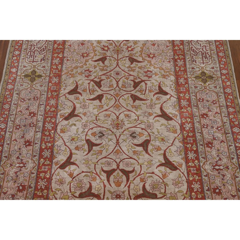 Hand Knotted Oriental Silk Carpet Traditional Floral Beige & Ivories Hereke Area Rug - 6' 9'' X 4' 3''