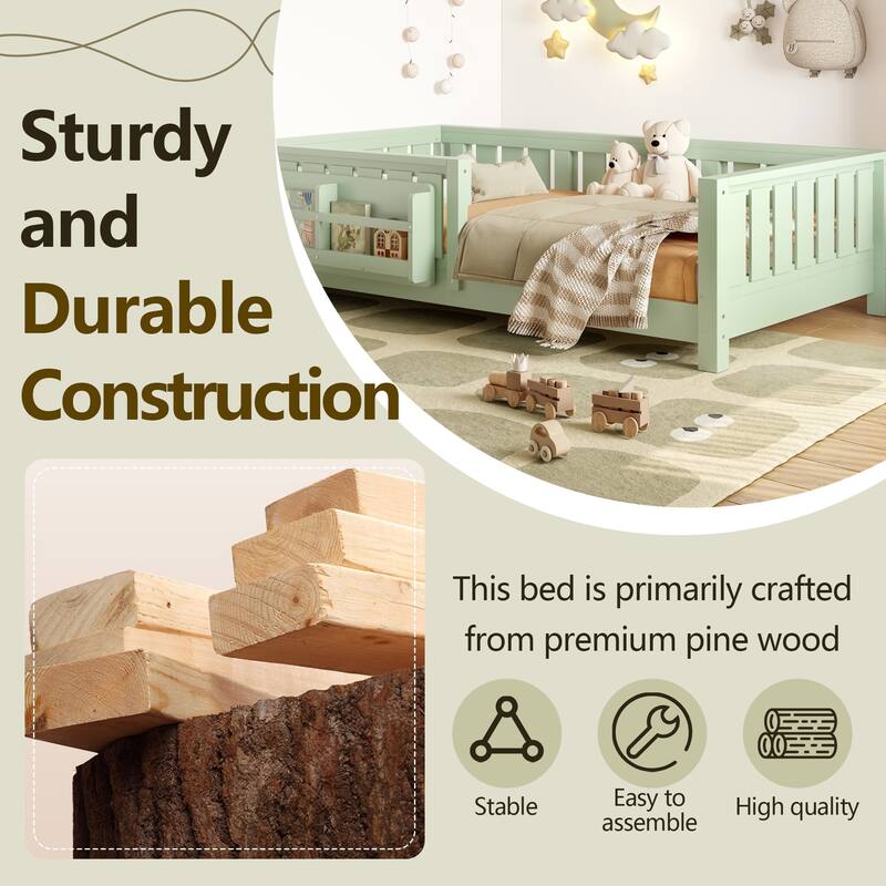 Twin bed with built-in bookshelf and high-quality safety guardrail