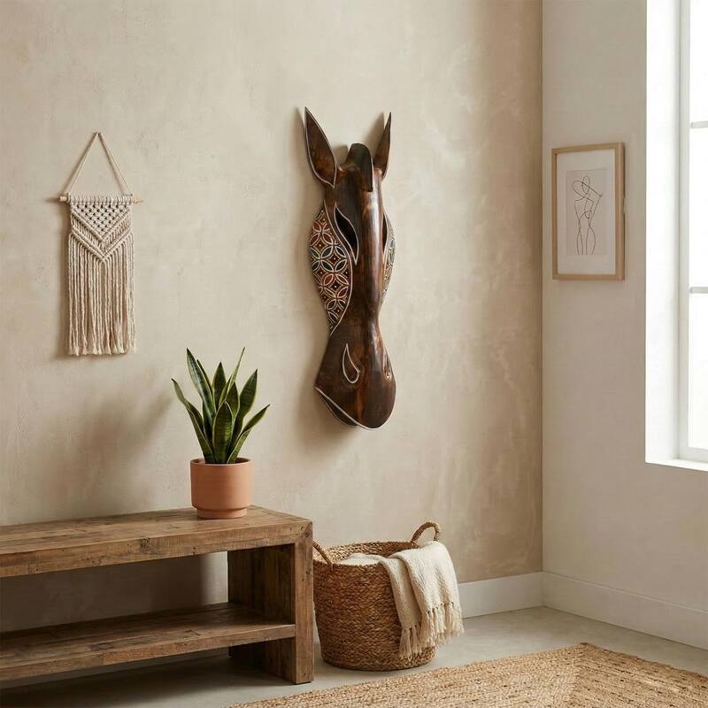 Safari Giraffe Wall Art - Hand Carved Wooden Mask with Tribal Dot Motif, Rustic Boho Decor