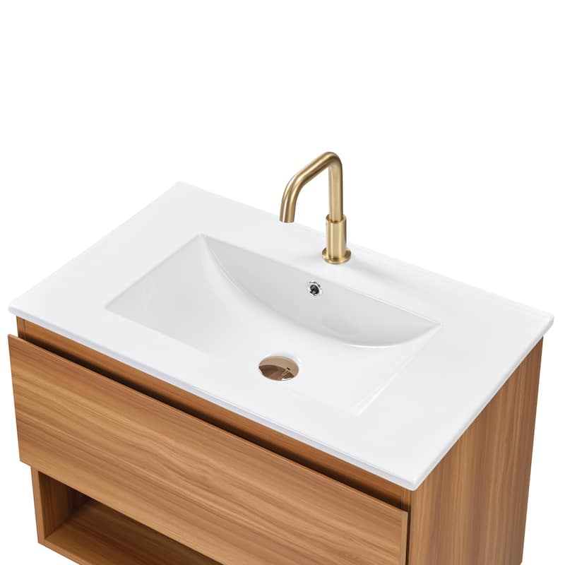 24" Floating Bathroom Vanity with Ceramic Sink - Wall Mounted Fluted Cabinet in Walnut with Drawers, Modern Design