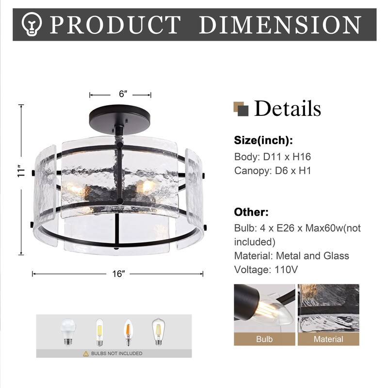 Laia 4-Light Water Textured Glass Drum Flush Mount