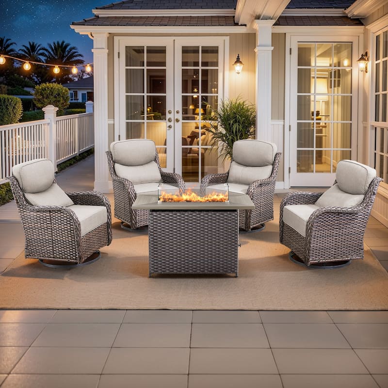Pocassy Outdoor 6 Inch Sofa Swivel Chairs with Fire Pit Table Set - Brown Wicker Beige Cushion - 5 Pieces Swivel Chair with Fire Table