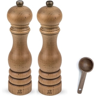 Peugeot Bali Black Cast-Iron Pepper Mill & Salt Cellar With Wooden Tray Gift Boxed With Wooden Spice Scoop