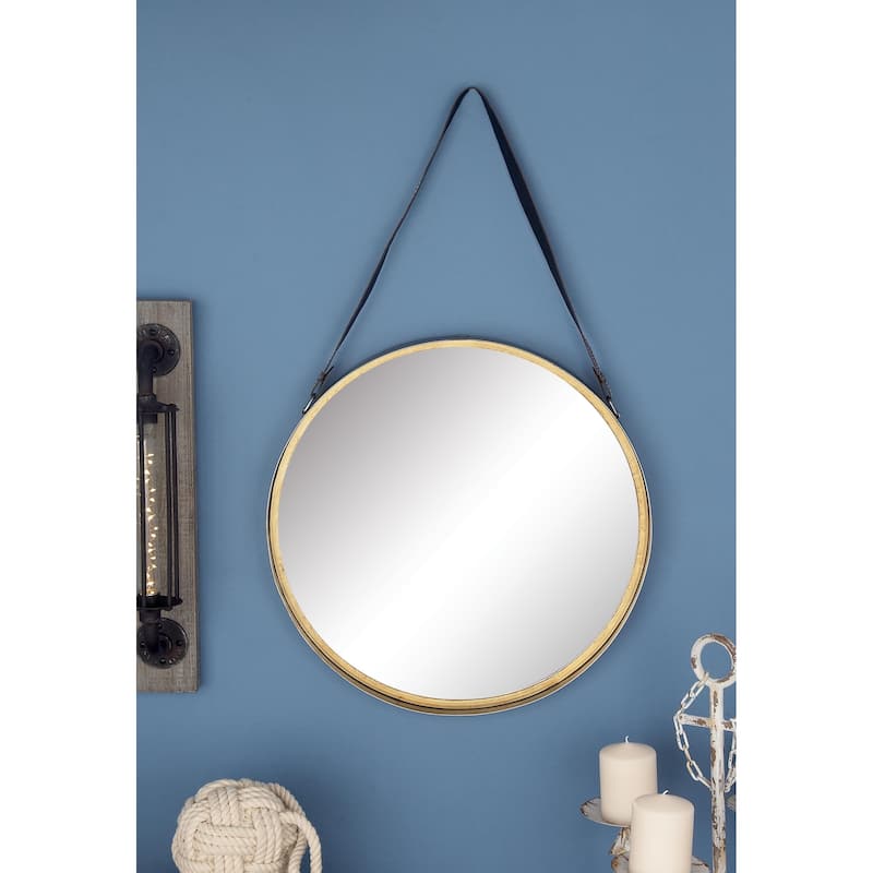 Metal Wall Mirror with Leather Strap - Gold - Roche River Decor