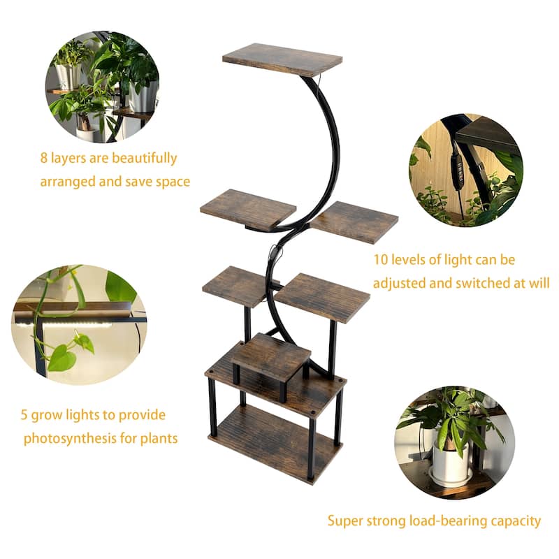 8-Tier Rustic Brown Plant Stand with Grow Lights Indoor Shelf Rack for Living Room Decor - 28.30”L x 10.20”W x 62”H