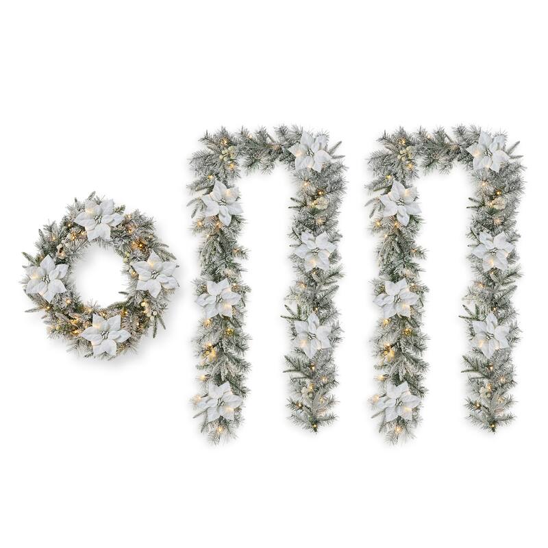 Glitzhome 5FT Pre-Lit Flocked Pine Artificial Christmas Porch Tree with 150 Warm White Lights and Poinsettia