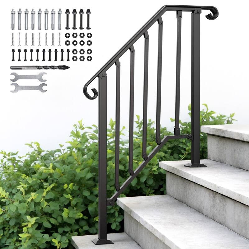 Handrails for Outdoor Steps, Stair Handrail Fits 2 to 3 Steps, Wrought Iron Hand Rail Stair Railing Kit - Black