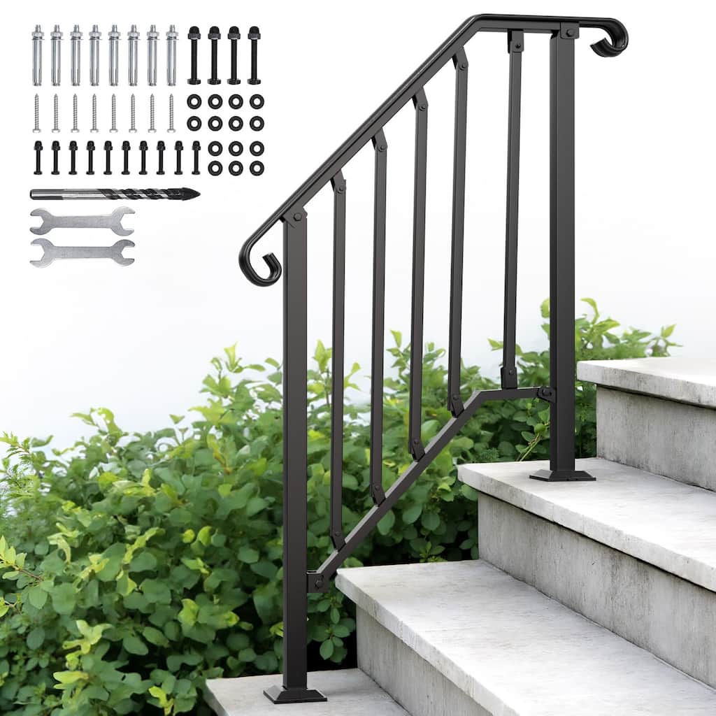 Handrails for Outdoor Steps, Stair Handrail Fits 2 to 3 Steps, Wrought Iron Hand Rail Stair Railing Kit