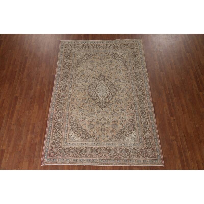 Distressed Mashad Persian Antique Area Rug Hand-knotted Wool Carpet - 6'3" x 9'0"