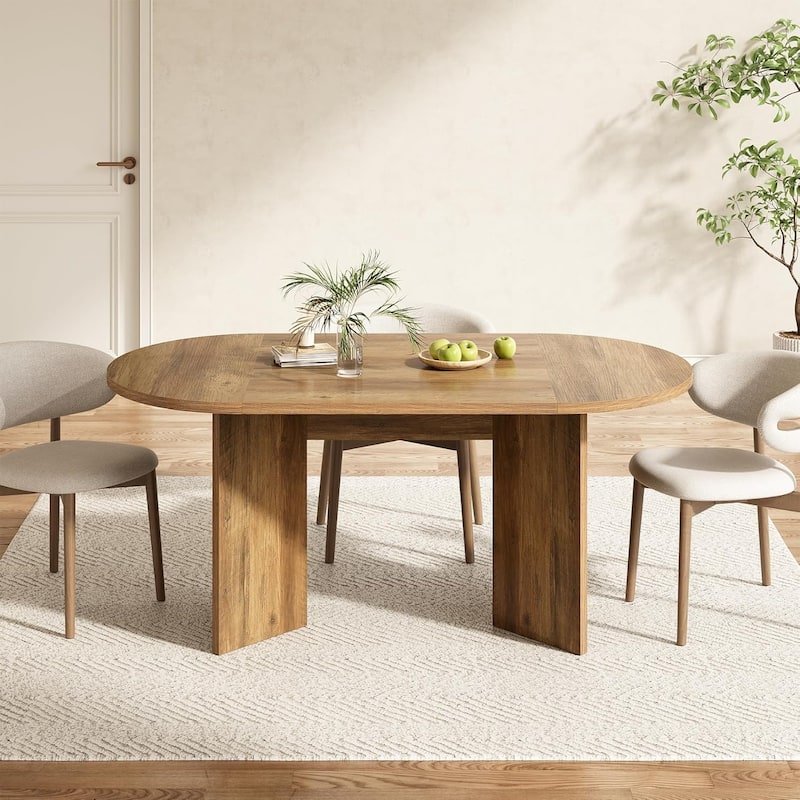 63 Inches Rustic Oval Dining Table, Sturdy MDF Farmhouse Kitchen Table with Metal Strip Base