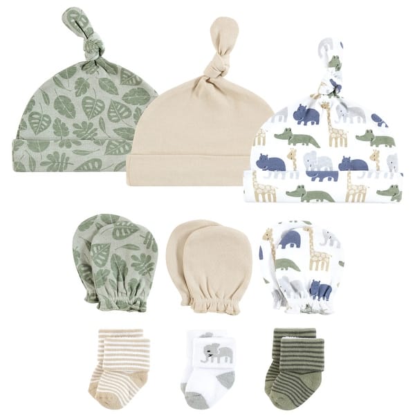 slide 1 of 1, Hudson Baby Caps, Mittens and Socks Set, Wild Leaf Safari, 0-6 Months - Wild Leaf Safari 0-6 Months - Wild Leaf Safari
