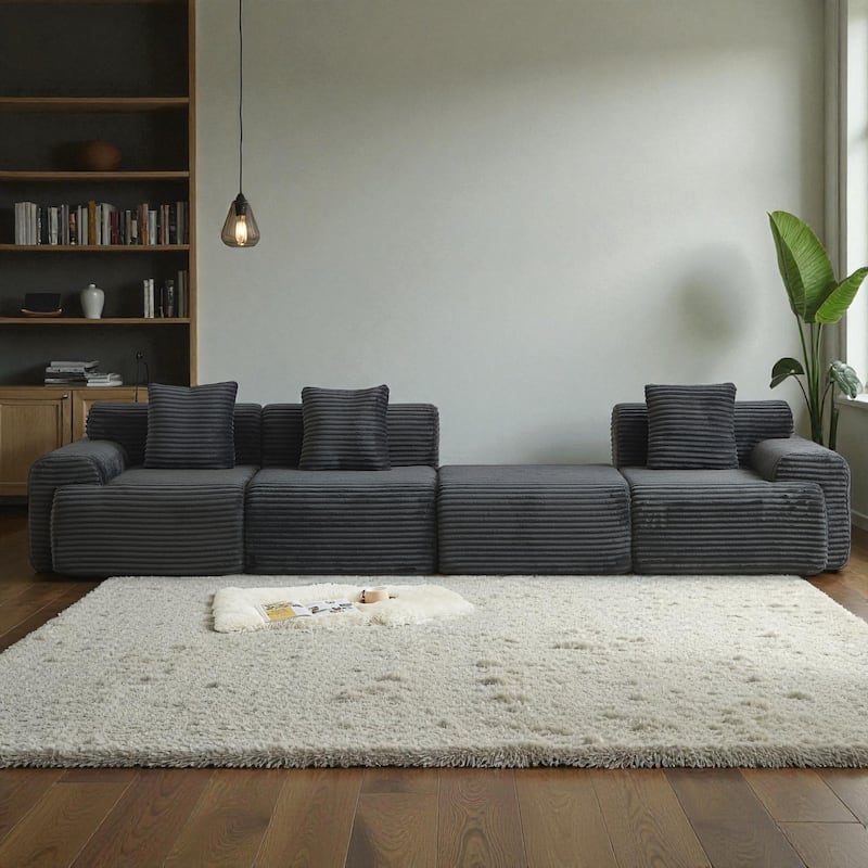 114" Corduroy Modular Sectional Sofa, Boneless Design with 4 Configurable Modules, Wide Backrest & 3 Pillows, No Assembly