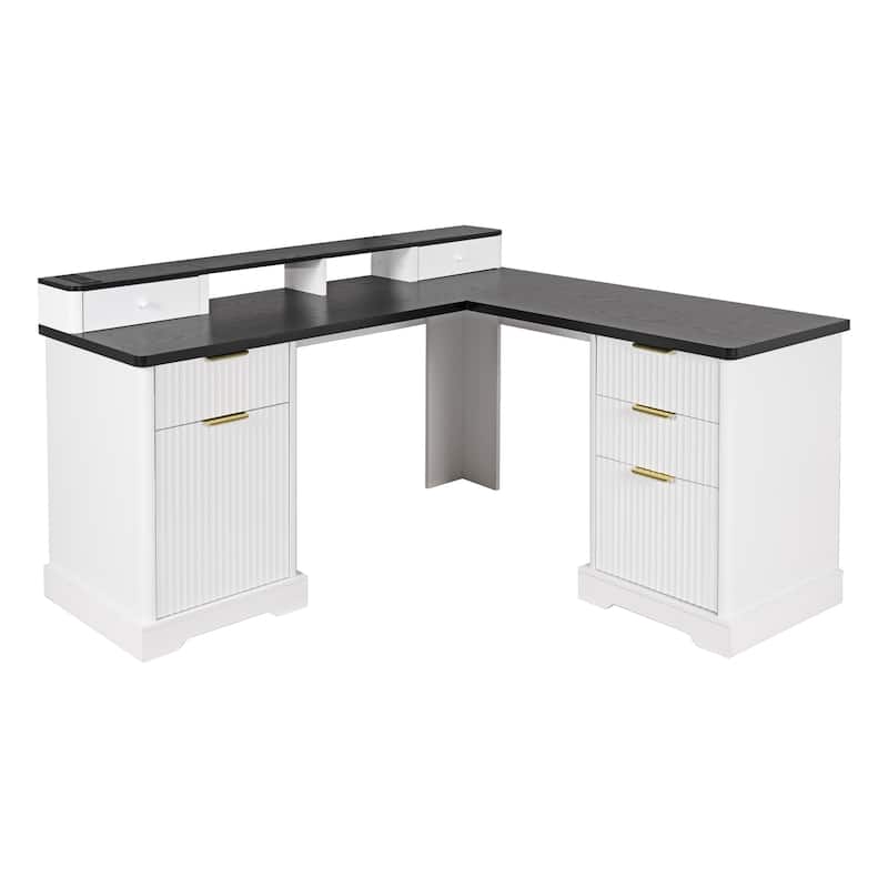 Executive L Shaped Desk Home Office Desk with Charging Station, Corner Computer Desk with Monitor Stand, Drawer, Storage Cabinet