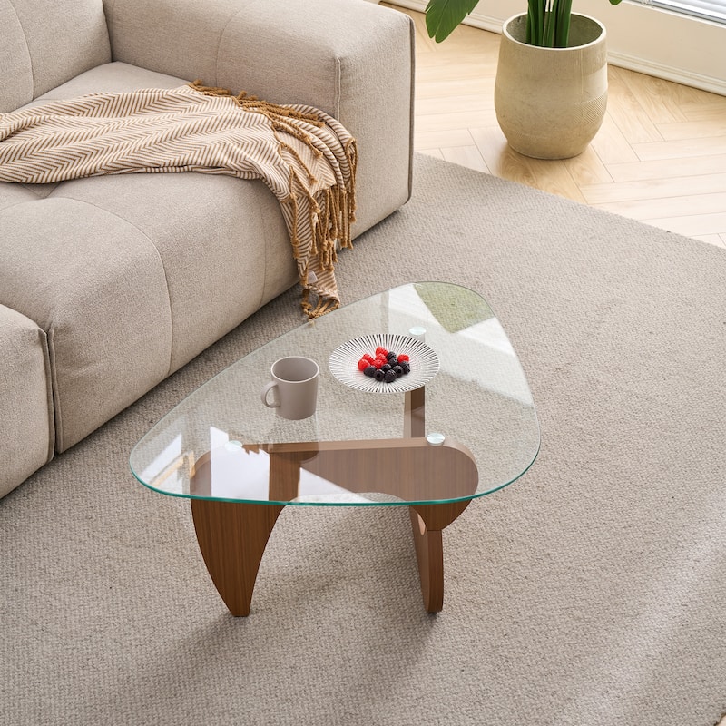 Farmhouse Glass Top Small Coffee Tables, Wood Center Table - Clear+Brownl(35.82")