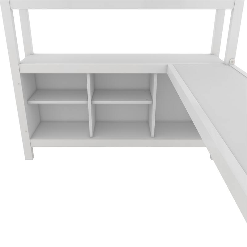 Full Size Metal Loft Bed with Wardrobe and L-shaped Desk, Storage Cubes and Shelves