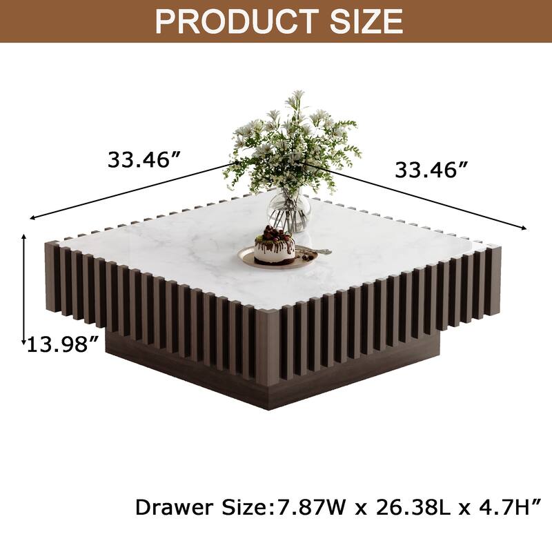 33.46" Modern Square Coffee Table,White Fuax Marble Table top, Solid Wood with 1 Drawer