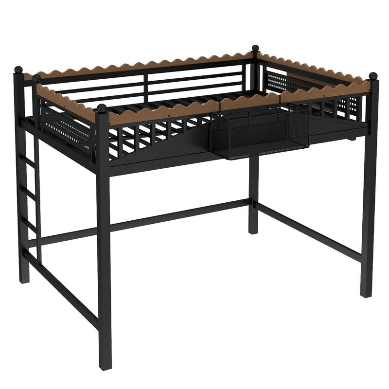 Modern Metal Loft Bed with Shelves & Bookshelf, Ladder Entry, No Box Spring Needed, Multi-Size