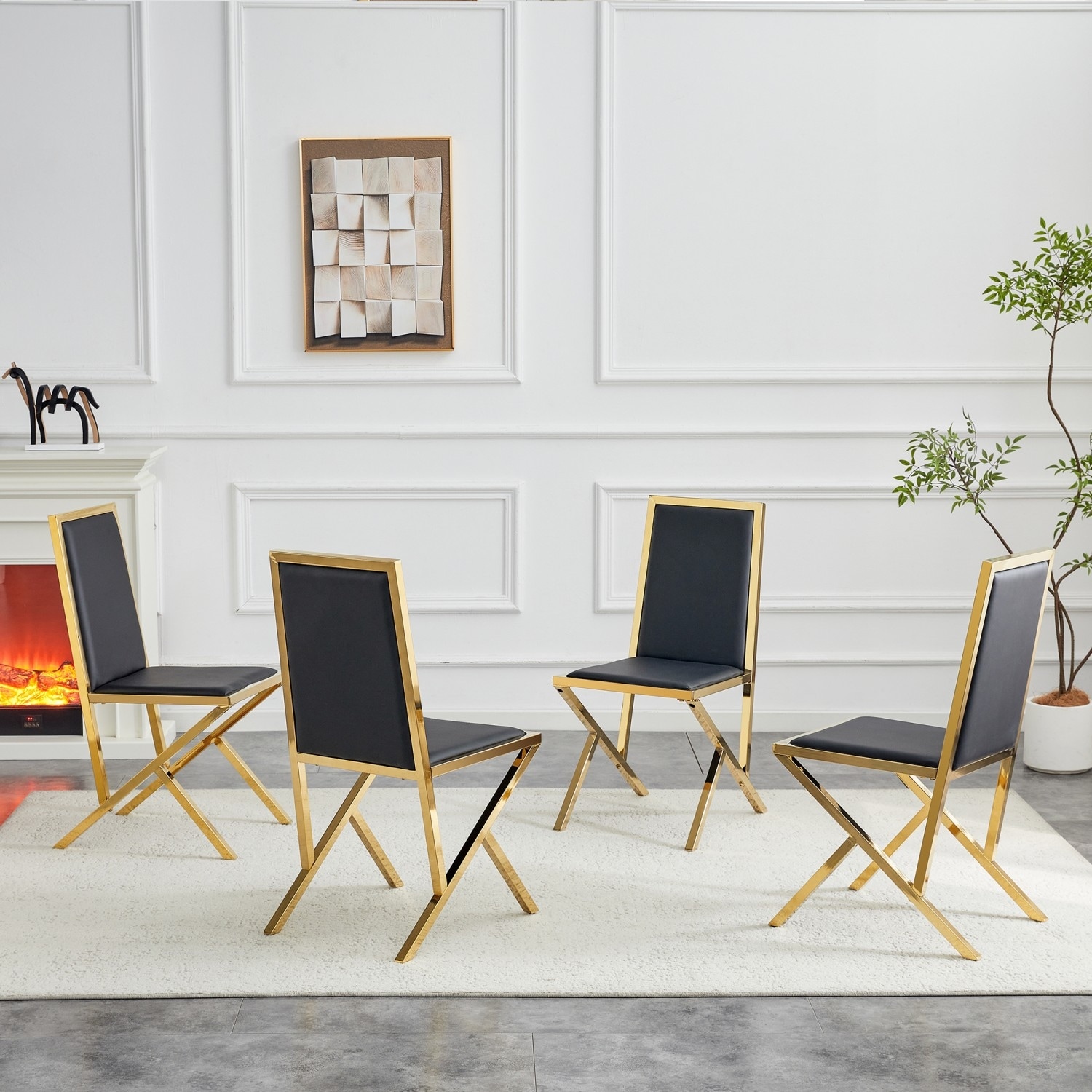 17.3" Black PU Dining Chairs with Gold Metal Legs, Set of 4