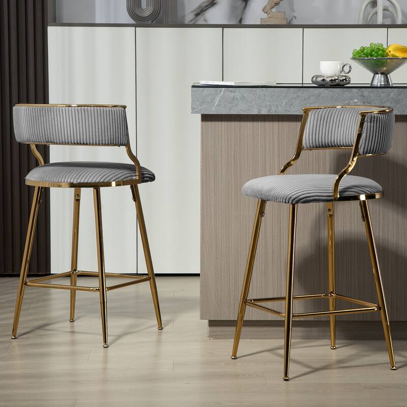 Counter Height Bar Stools Set of 2, Corduroy Upholstered Bar Chairs with Backrest, Kitchen Island Chairs with Footrest