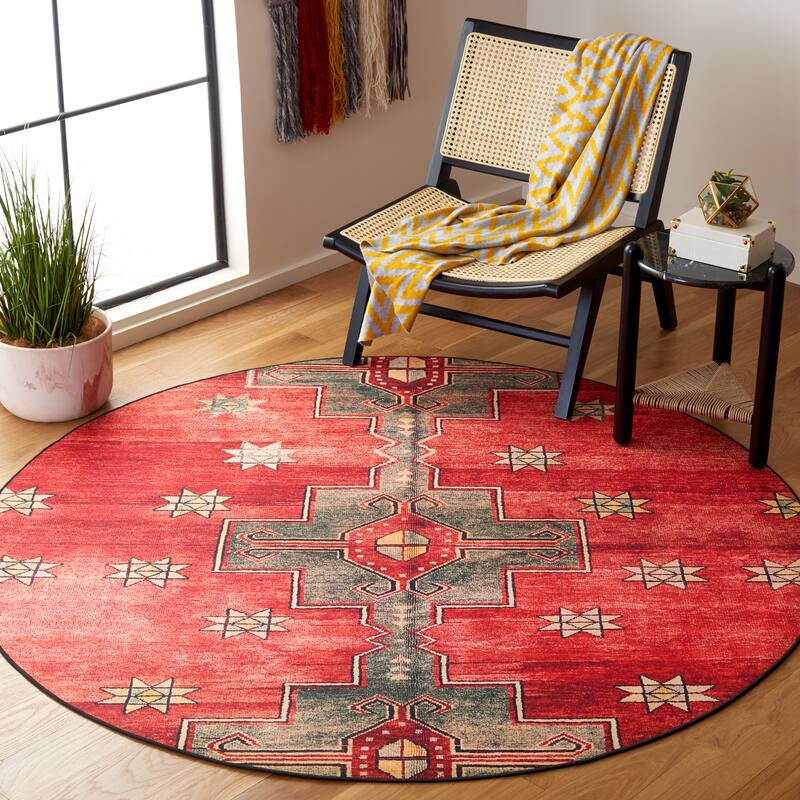 SAFAVIEH Tucson Nermira Transitional Machine Washable Rug - 4' Round - Rust/Green